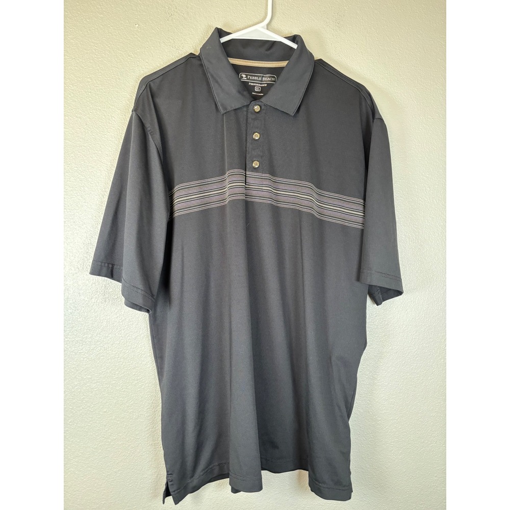 Pebble Beach Performance Mens XL Black Striped Short Sleeve Golf Polo Shirt